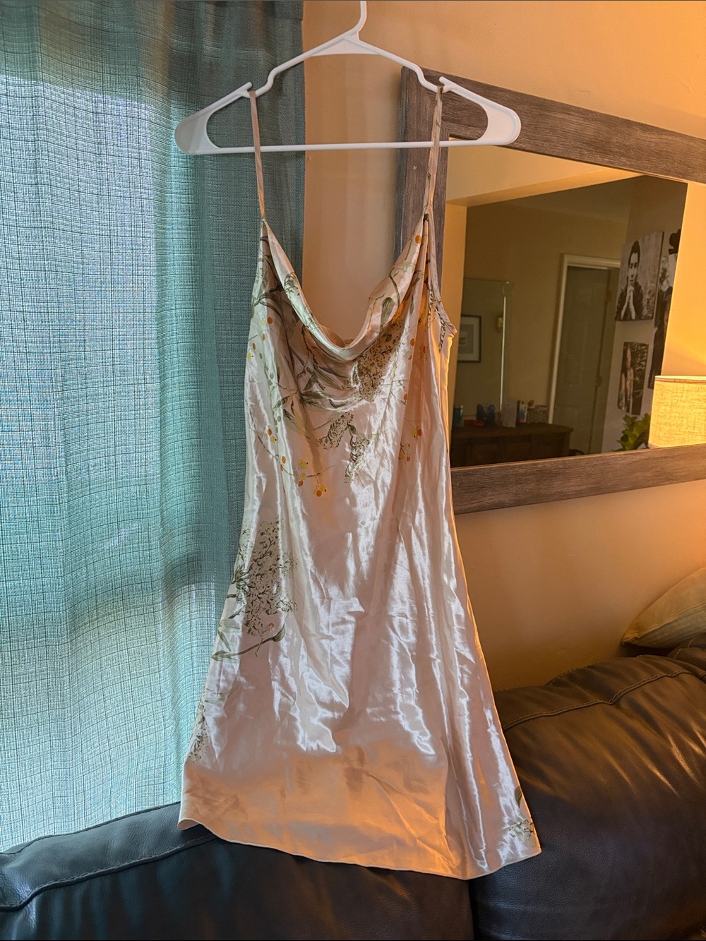 Satin Cowl Neck Chemise Slip - Cream with Floral Print